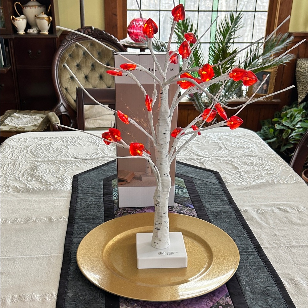 Illuminated Faux Birch Tree with or without Vibrant Red Hearts;Battery Operated